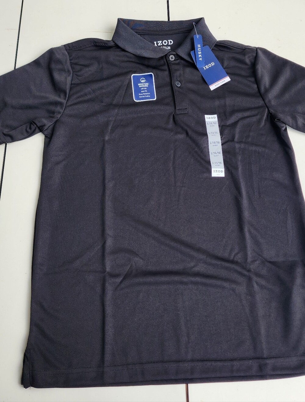 NWT Izod Boys Husky Black Short Sleeve Performance Polo Shirt L 14/16